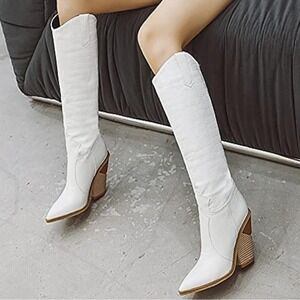 Crocodile Snakeskin Reptile White Knee High Boots